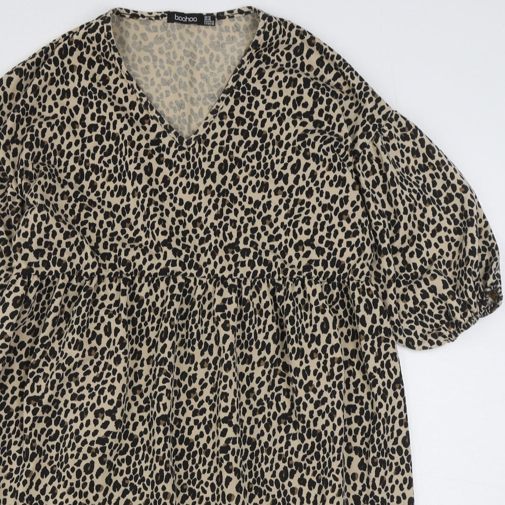 Boohoo Womens Brown Animal Print Polyester A-Line  Size 14  V-Neck Pullover