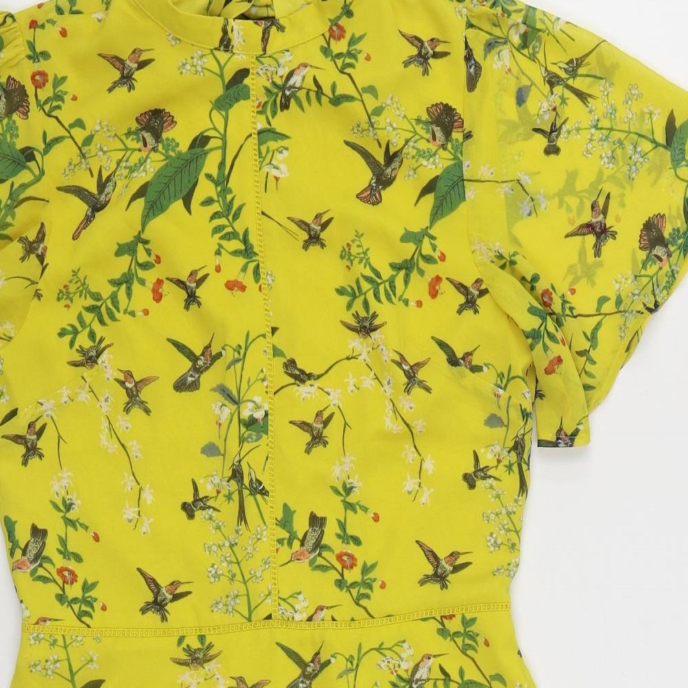 Oasis Womens Yellow Geometric Polyester Skater Dress  Size 10  High Neck Zip