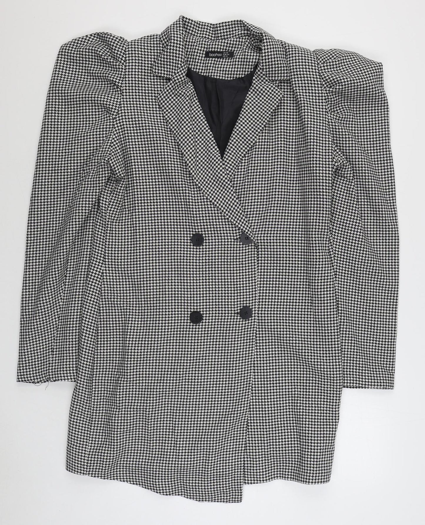 Boohoo Womens Black Houndstooth  Overcoat Coat Size 16  Button