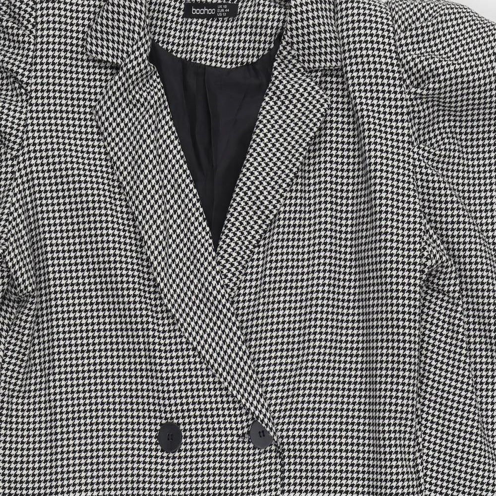 Boohoo Womens Black Houndstooth  Overcoat Coat Size 16  Button