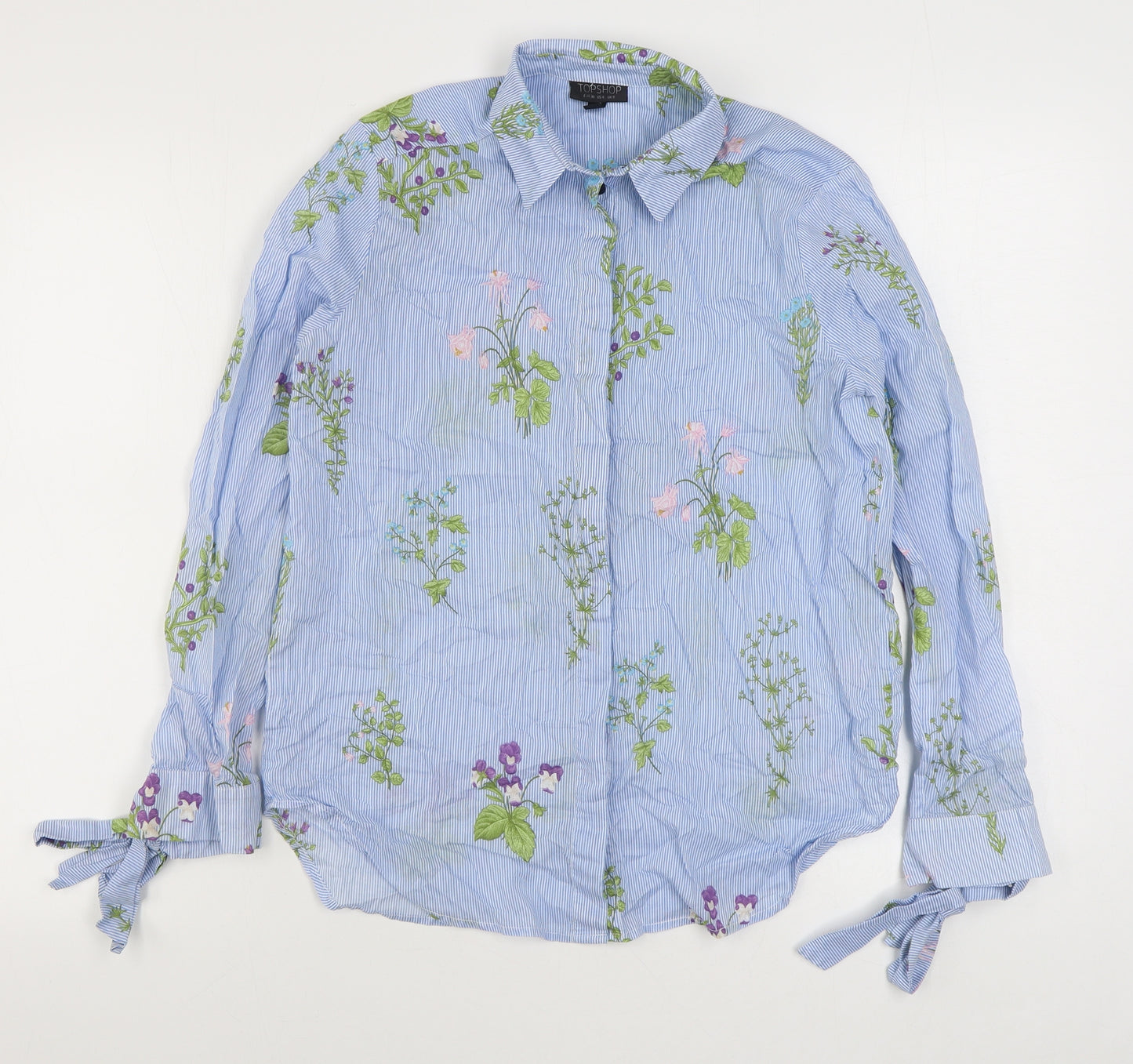 Topshop Womens Blue Striped 100% Cotton Basic Button-Up Size 8 Collared