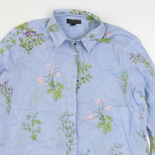 Topshop Womens Blue Striped 100% Cotton Basic Button-Up Size 8 Collared