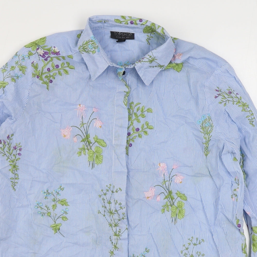 Topshop Womens Blue Striped 100% Cotton Basic Button-Up Size 8 Collared