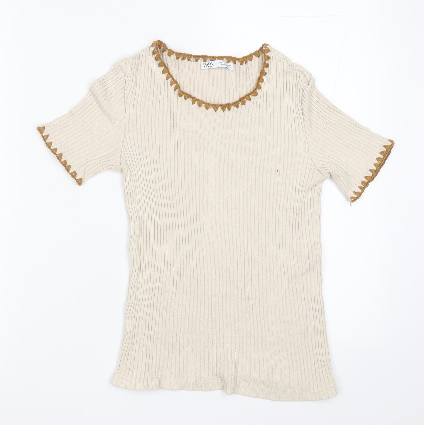 Zara Womens Beige  Acrylic Basic T-Shirt Size S Crew Neck
