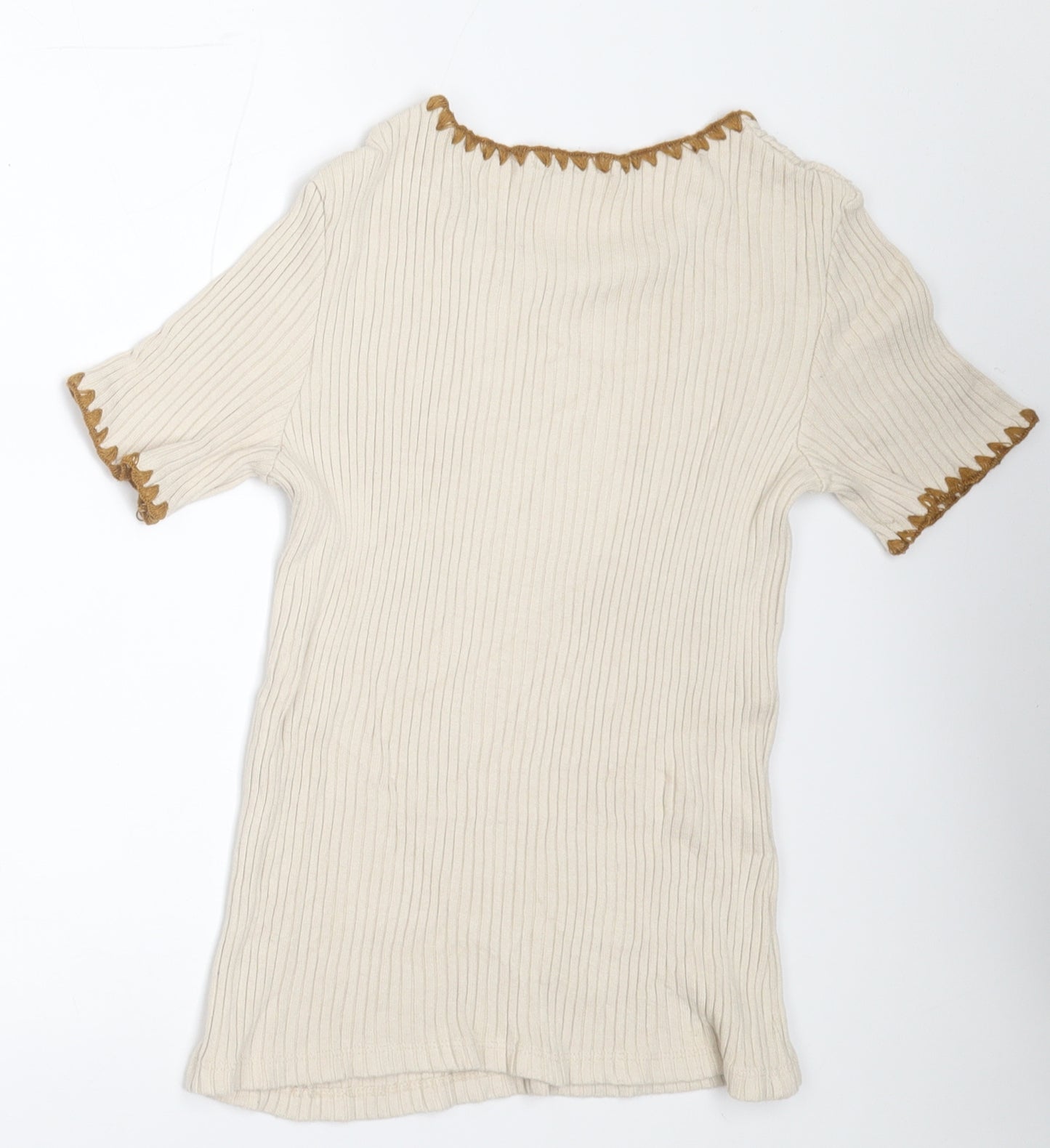 Zara Womens Beige  Acrylic Basic T-Shirt Size S Crew Neck
