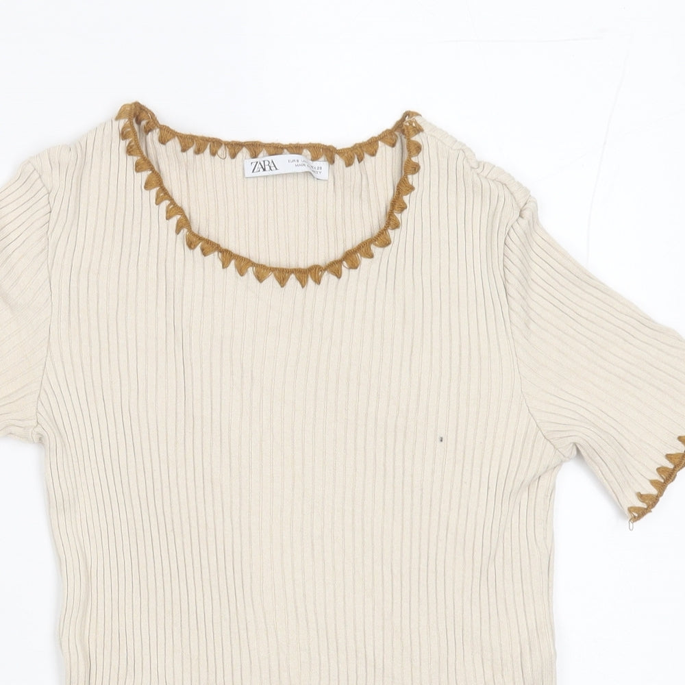 Zara Womens Beige  Acrylic Basic T-Shirt Size S Crew Neck