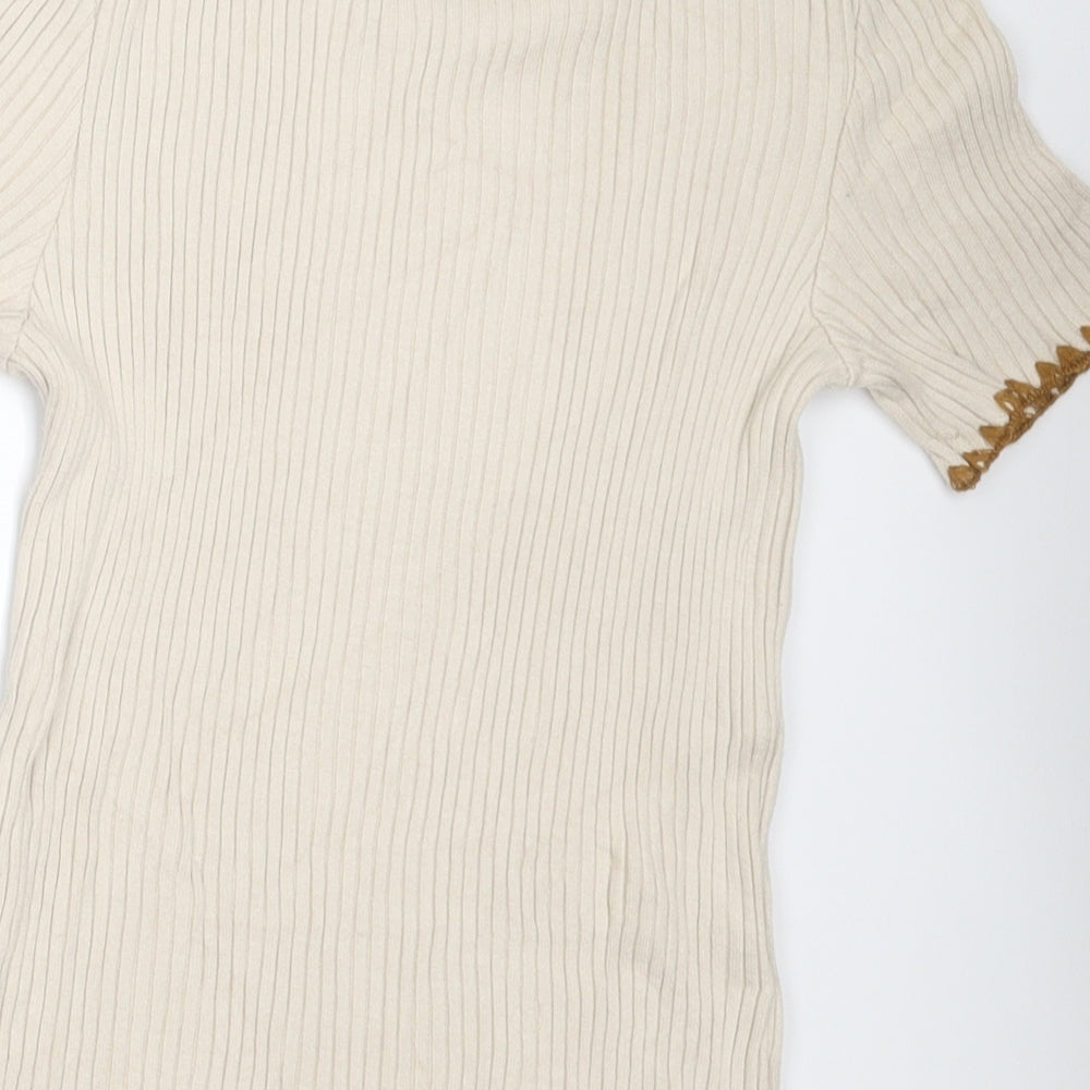 Zara Womens Beige  Acrylic Basic T-Shirt Size S Crew Neck