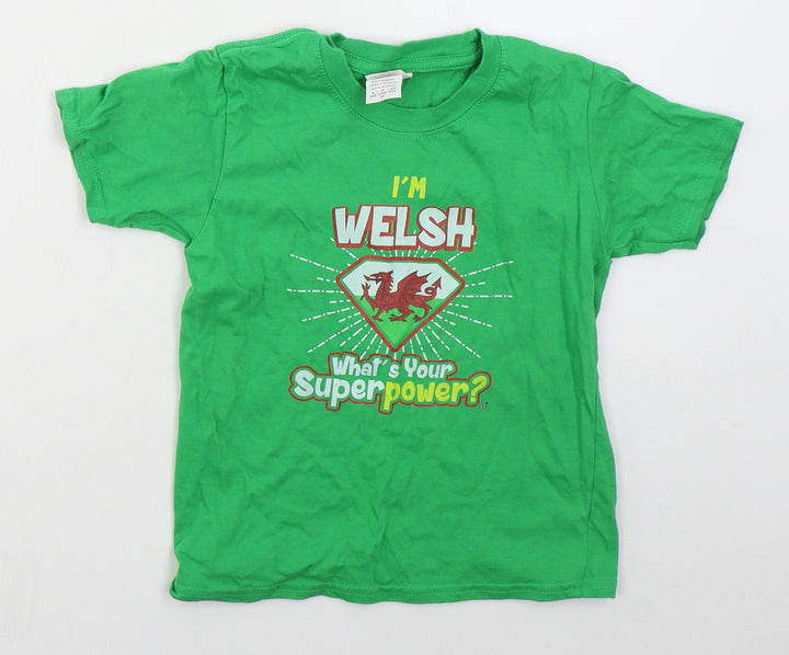 Gildan Boys Green Cotton Basic T-Shirt Size 5-6 Years Crew Neck Pullover - I'm Welsh What's Your Superpower