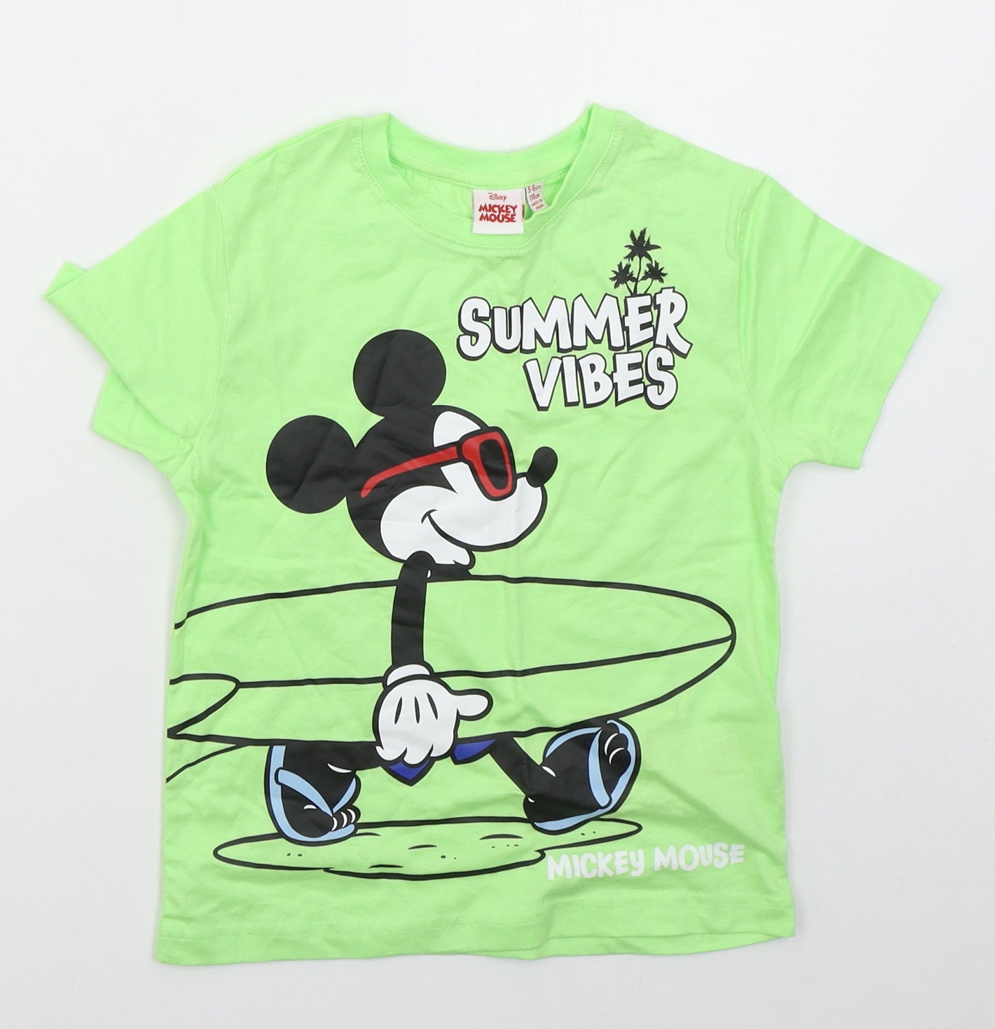 Primark Boys Green  Cotton Basic T-Shirt Size 5-6 Years Crew Neck Pullover - Mickey Mouse Summer Vibes