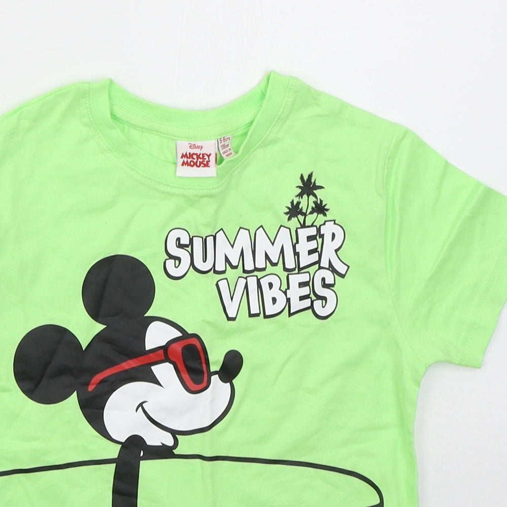 Primark Boys Green  Cotton Basic T-Shirt Size 5-6 Years Crew Neck Pullover - Mickey Mouse Summer Vibes