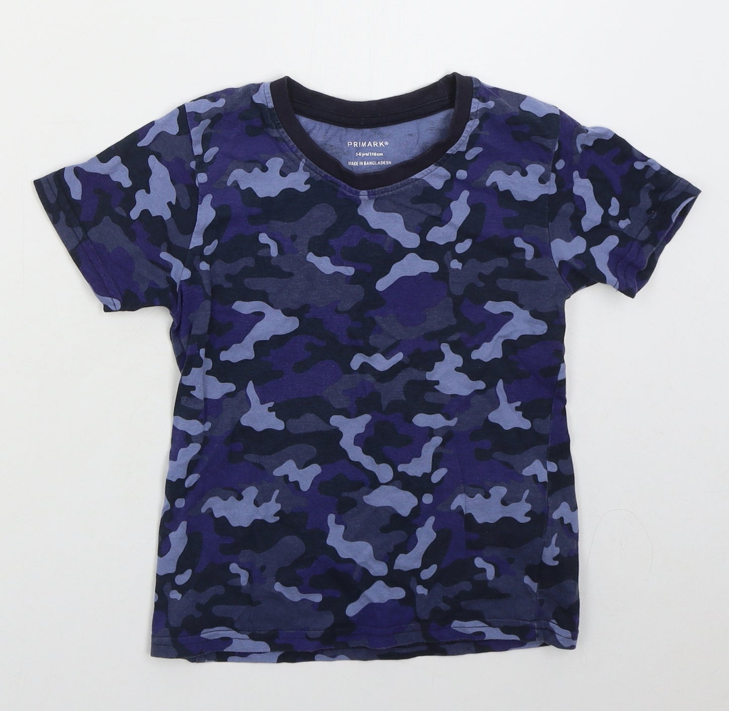 Primark Boys Blue Camouflage Cotton Basic T-Shirt Size 5-6 Years Crew Neck Pullover