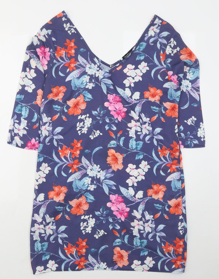 Boohoo Womens Blue Floral Polyester Mini Size 12 V-Neck Pullover