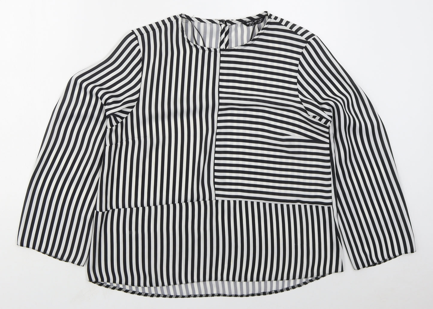 Select Womens Black Striped Polyester Basic Blouse Size 14 Round Neck