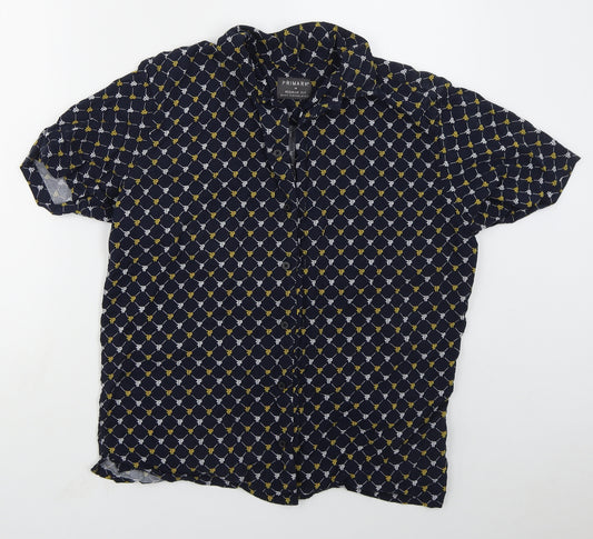 Primark Mens Blue Geometric Viscose  Button-Up Size M Collared Button