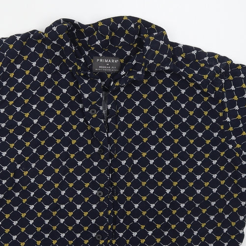 Primark Mens Blue Geometric Viscose  Button-Up Size M Collared Button