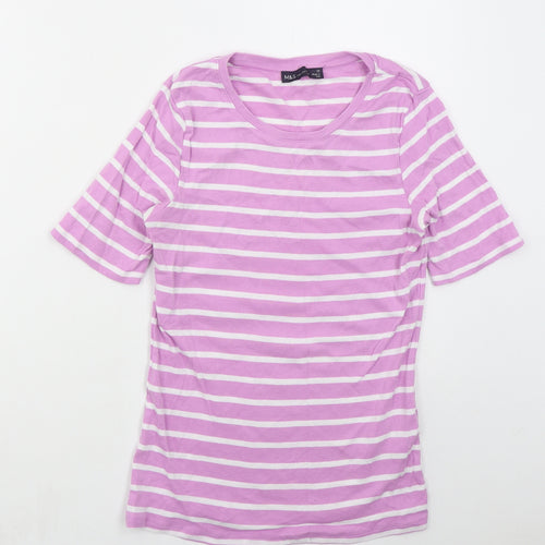 Marks and Spencer Womens Pink Striped Cotton Basic T-Shirt Size 12 Crew Neck