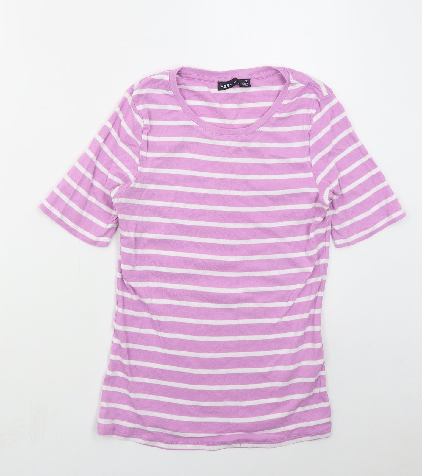 Marks and Spencer Womens Pink Striped Cotton Basic T-Shirt Size 12 Crew Neck