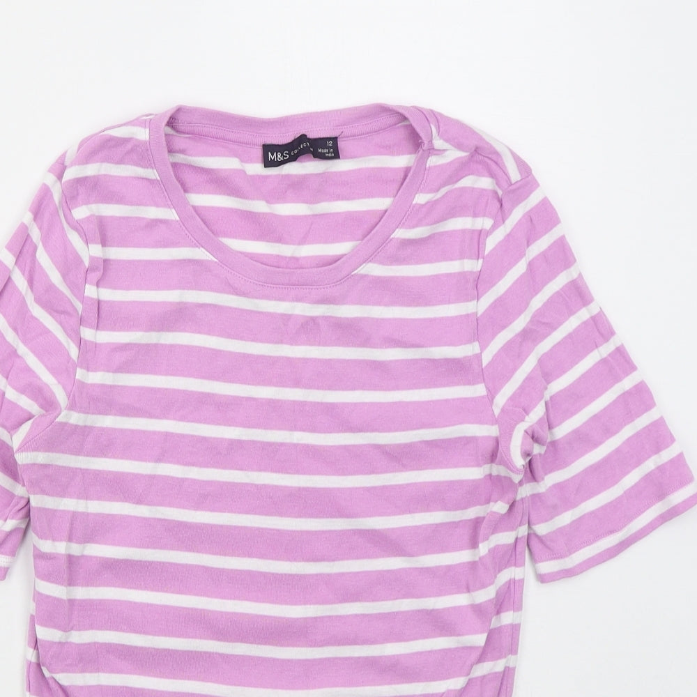 Marks and Spencer Womens Pink Striped Cotton Basic T-Shirt Size 12 Crew Neck
