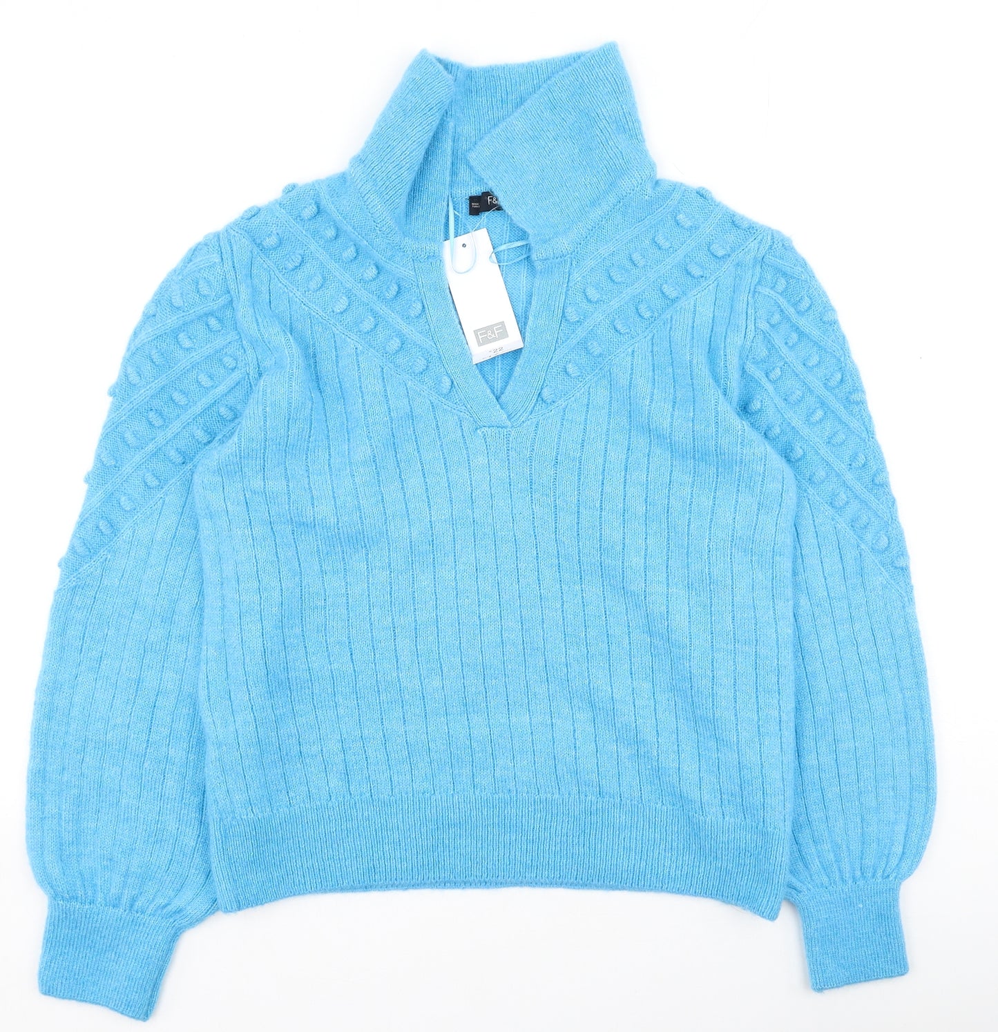 F&F Womens Blue V-Neck  Acrylic Pullover Jumper Size 14