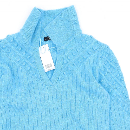 F&F Womens Blue V-Neck  Acrylic Pullover Jumper Size 14