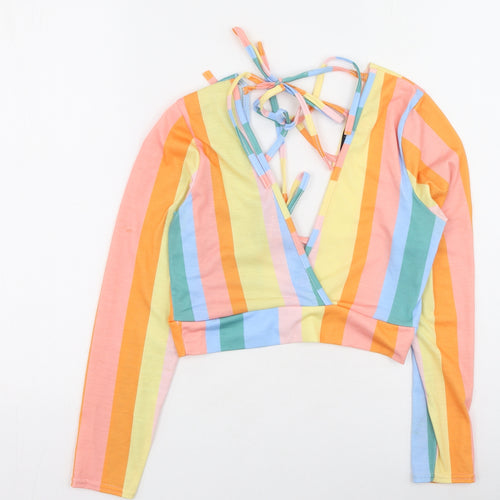 Boohoo Womens Multicoloured Striped Polyester Basic T-Shirt Size 12 V-Neck