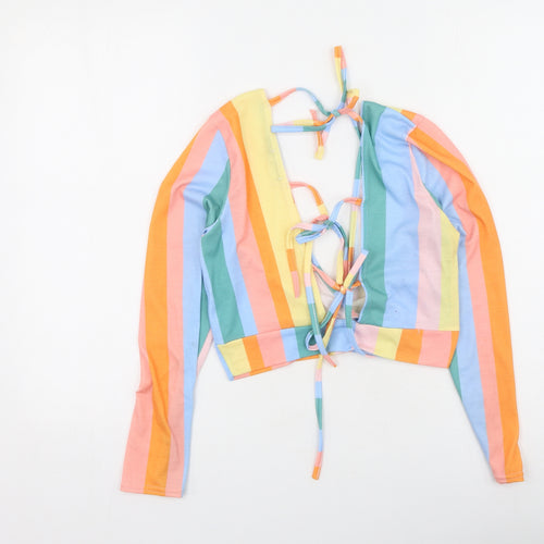 Boohoo Womens Multicoloured Striped Polyester Basic T-Shirt Size 12 V-Neck
