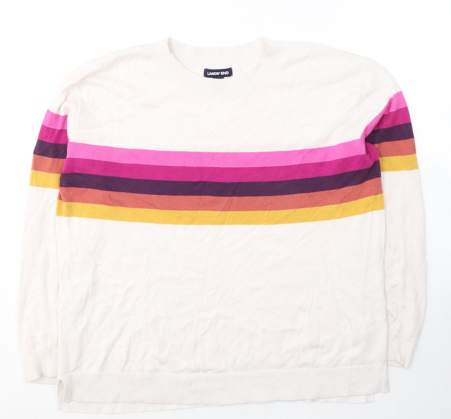 Lands' End Womens White Round Neck Striped Cotton Pullover Jumper Size L