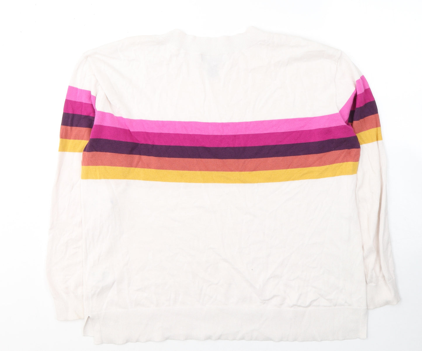Lands' End Womens White Round Neck Striped Cotton Pullover Jumper Size L