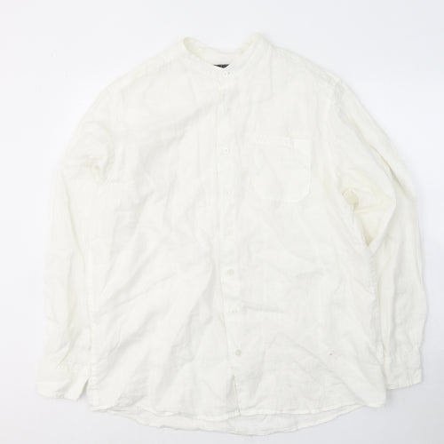 Easy Mens White  Linen  Button-Up Size L Round Neck Button
