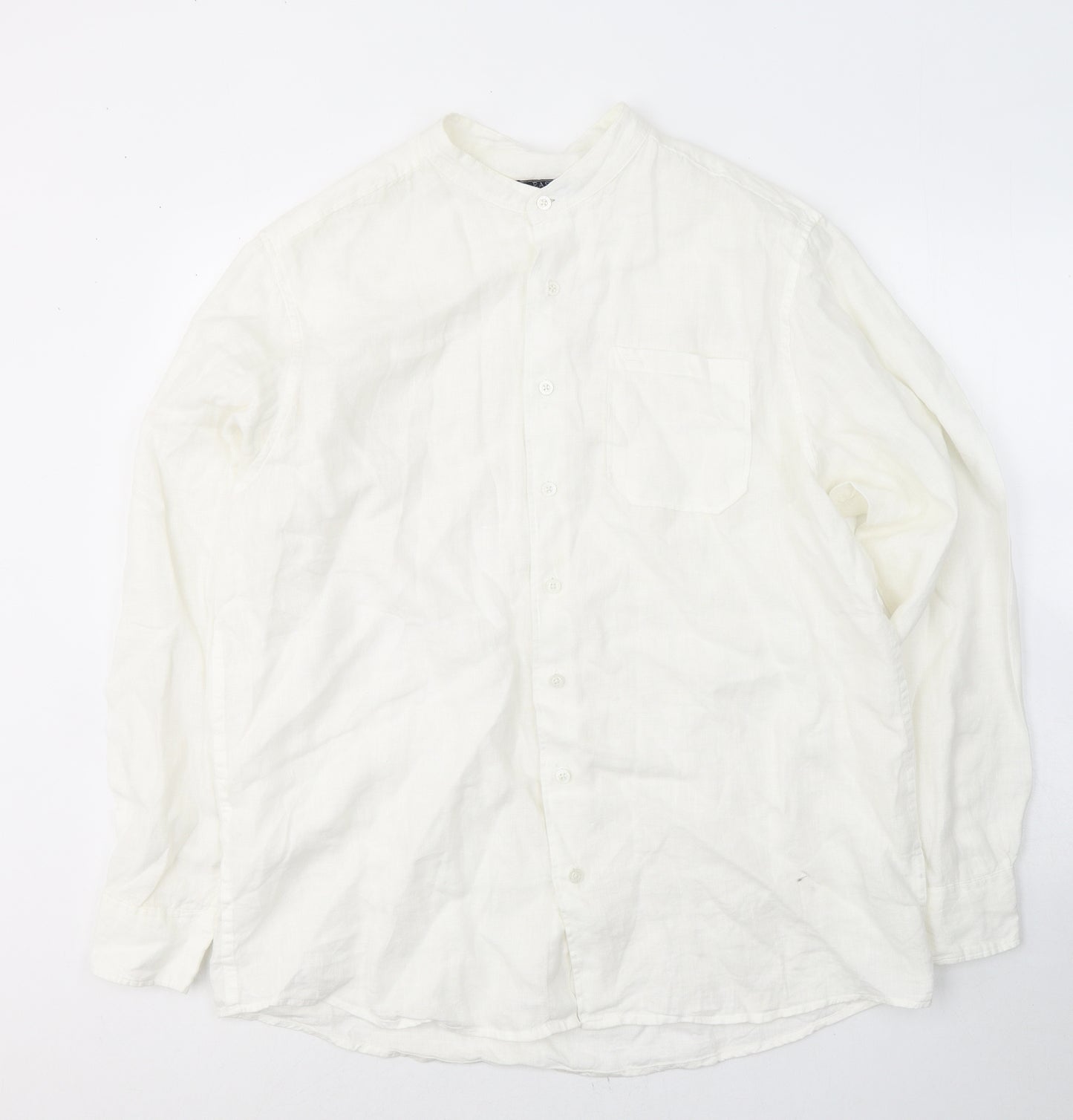 Easy Mens White  Linen  Button-Up Size L Round Neck Button
