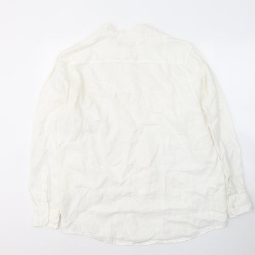 Easy Mens White  Linen  Button-Up Size L Round Neck Button