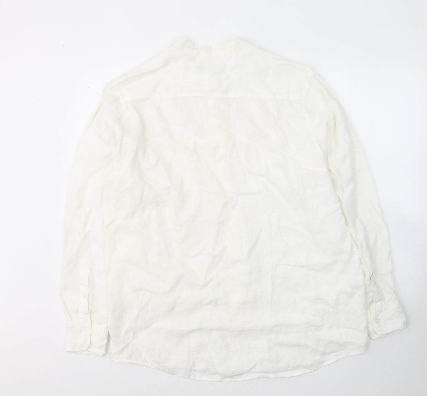 Easy Mens White  Linen  Button-Up Size L Round Neck Button