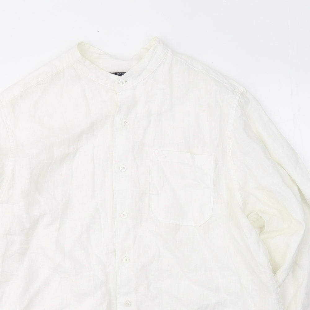 Easy Mens White  Linen  Button-Up Size L Round Neck Button
