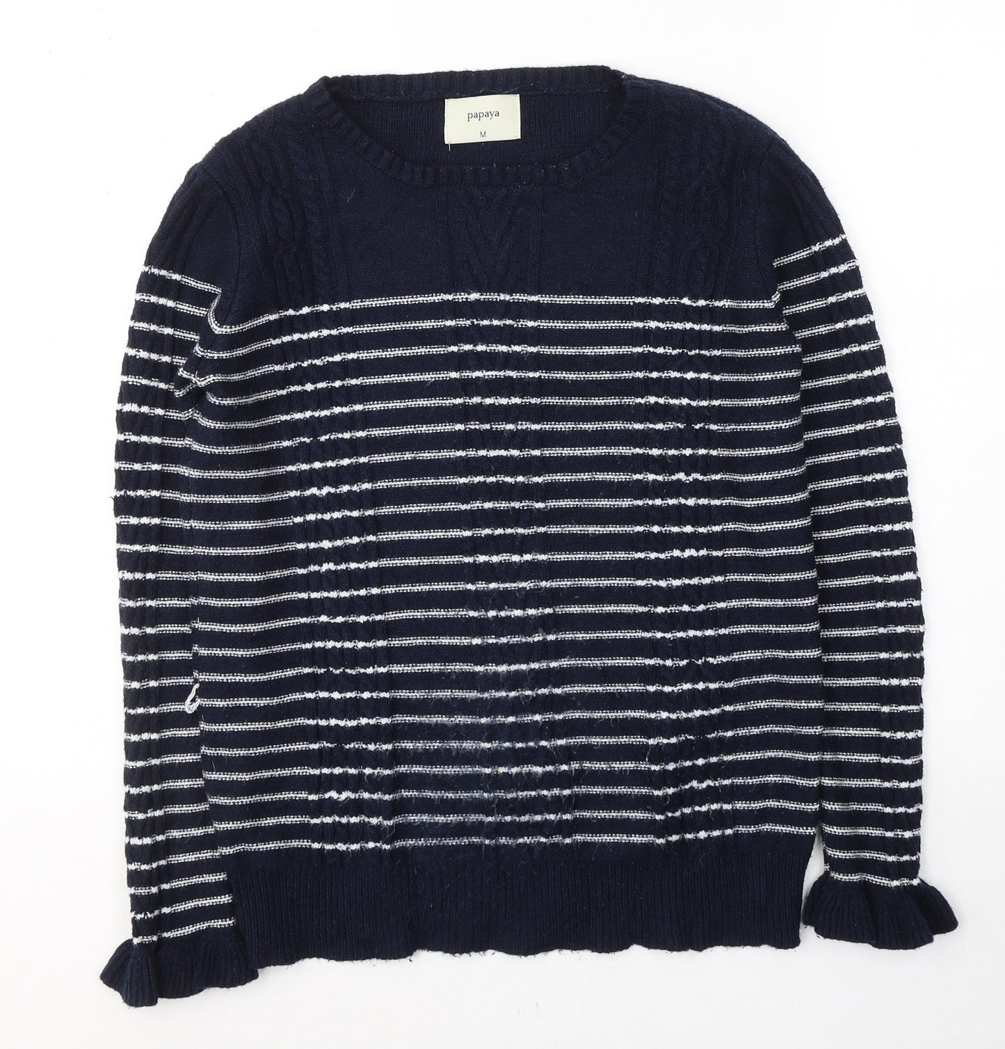 Papaya Womens Blue Round Neck Striped Viscose Pullover Jumper Size M