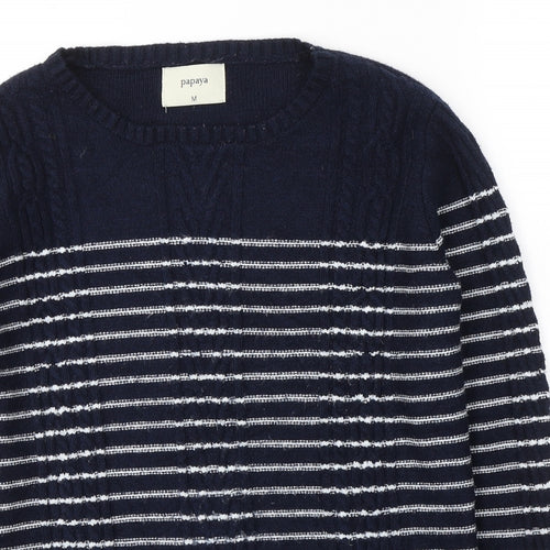 Papaya Womens Blue Round Neck Striped Viscose Pullover Jumper Size M