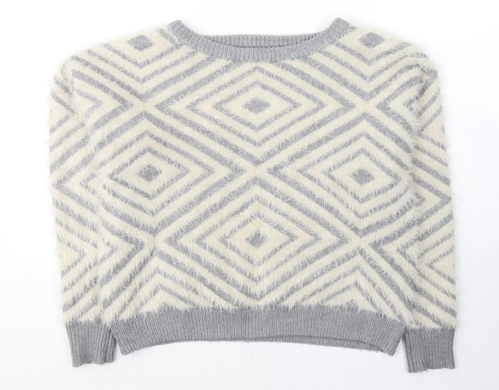 New Look Womens Grey Round Neck Geometric Acrylic Pullover Jumper Size 12