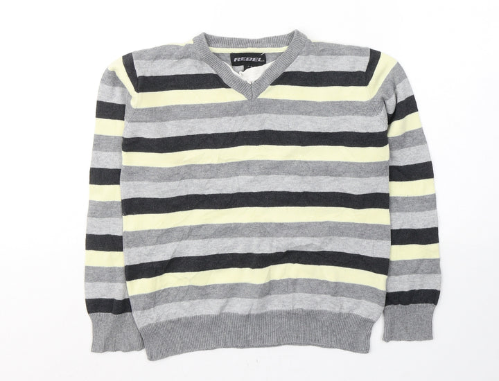 Rebel Boys Grey V-Neck Striped Cotton Pullover Jumper Size 7-8 Years Pullover