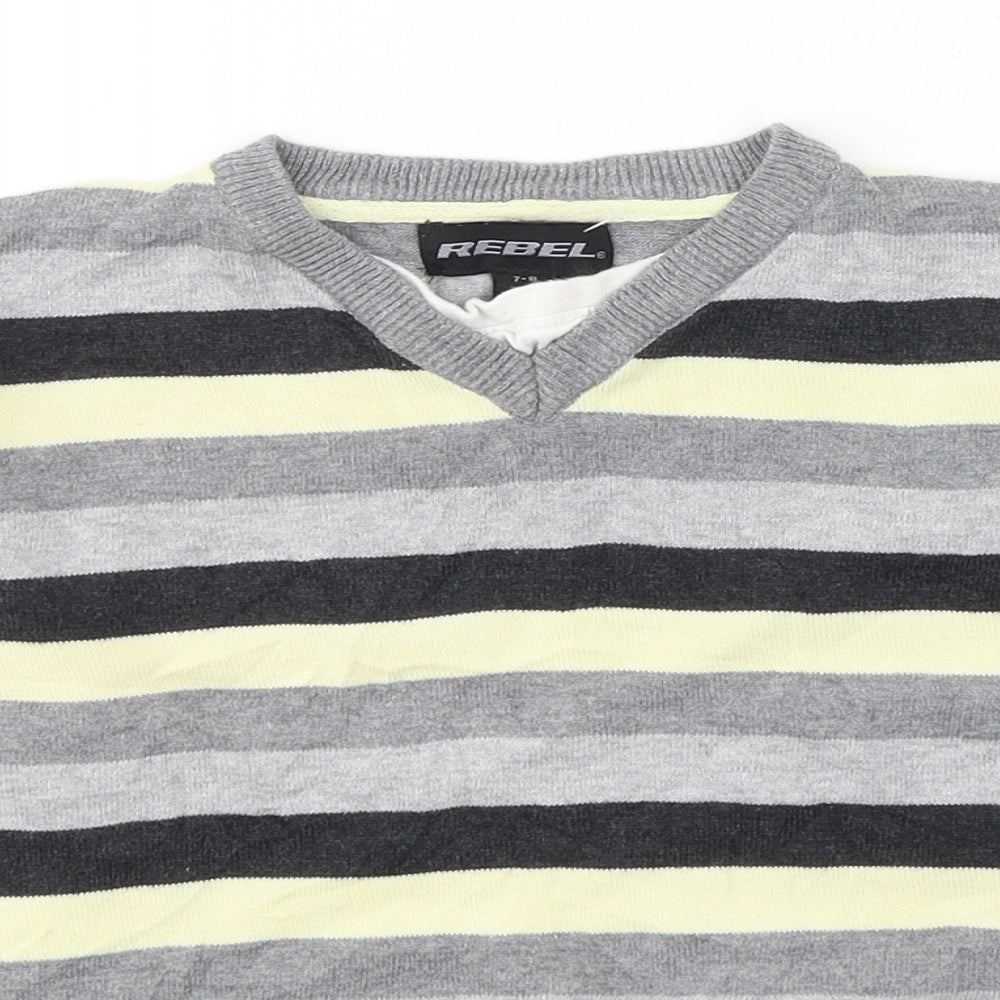 Rebel Boys Grey V-Neck Striped Cotton Pullover Jumper Size 7-8 Years  Pullover