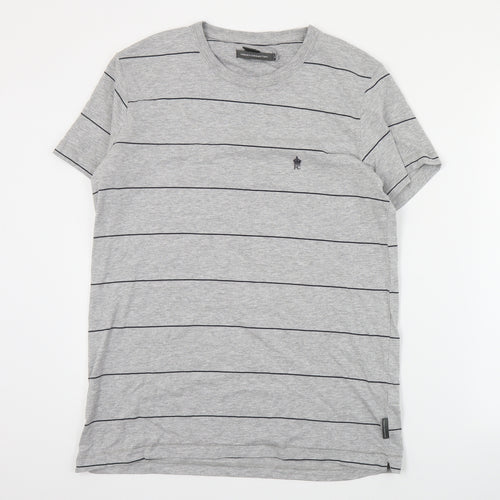 French Connection Mens Grey Striped Cotton  T-Shirt Size L Crew Neck