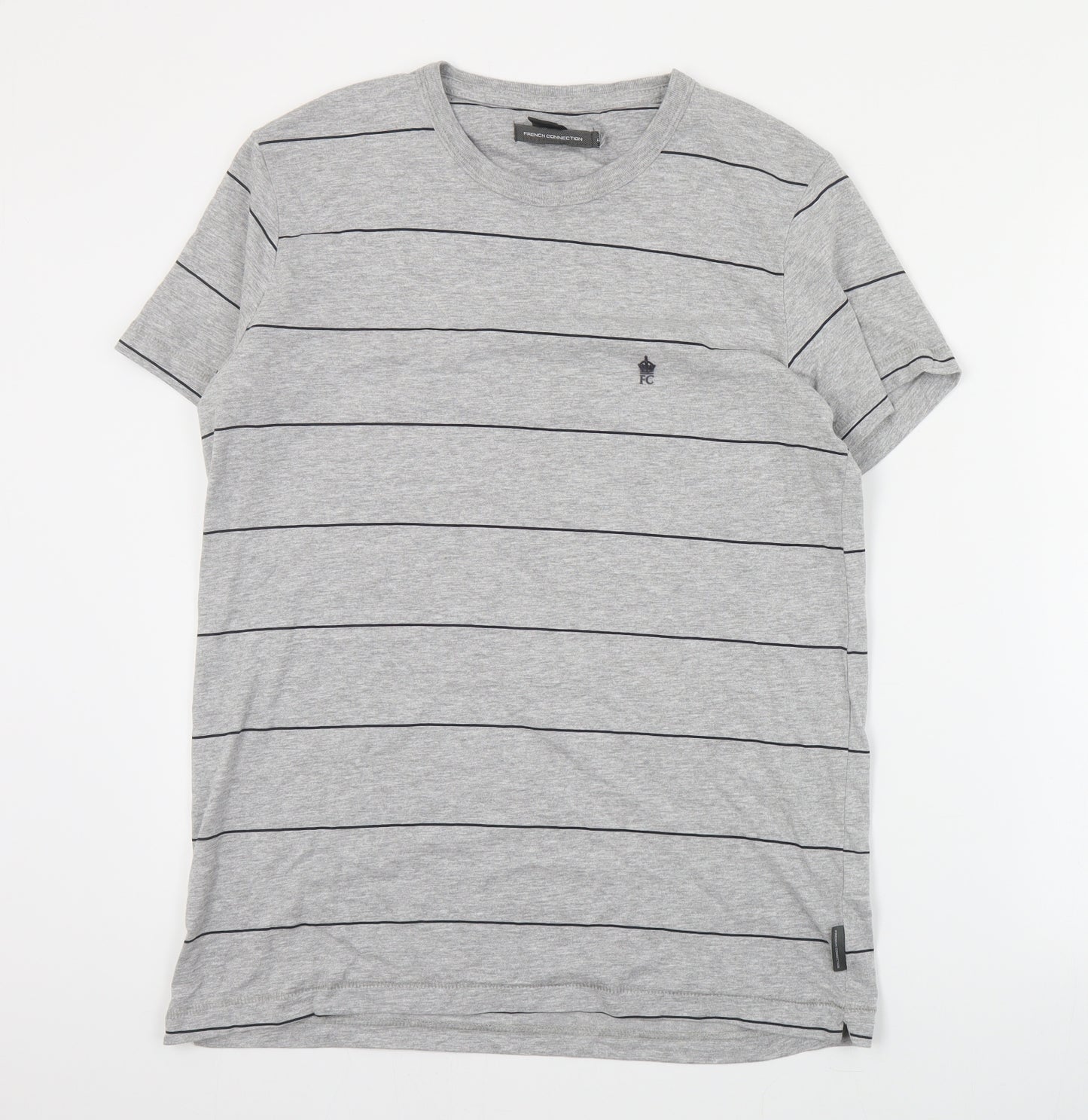 French Connection Mens Grey Striped Cotton  T-Shirt Size L Crew Neck