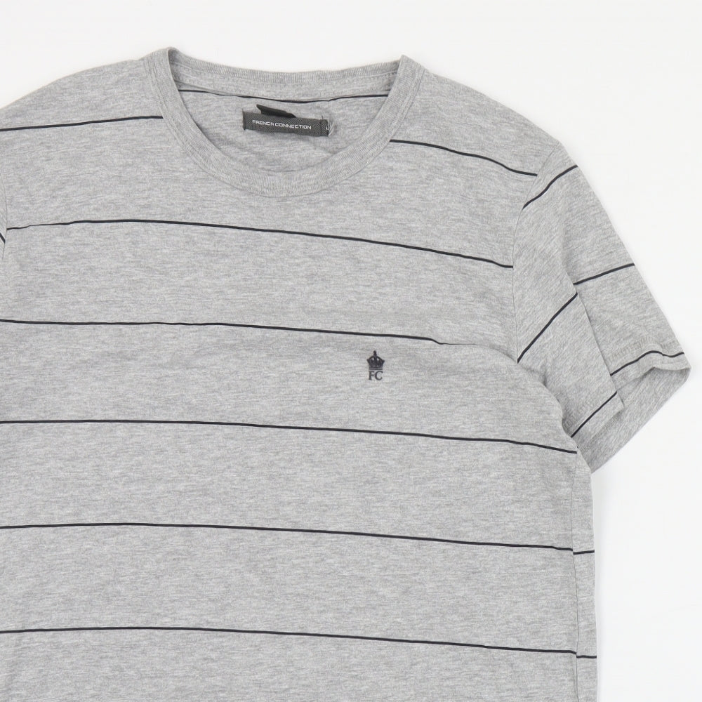 French Connection Mens Grey Striped Cotton  T-Shirt Size L Crew Neck