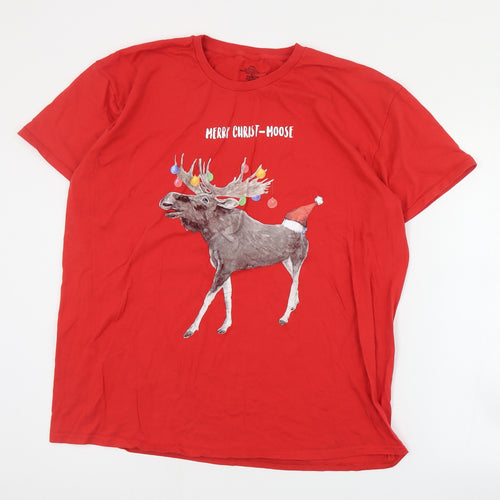 Preworn Mens Red  Cotton  T-Shirt Size 2XL Crew Neck  - Christmas