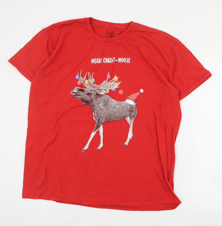 Preworn Mens Red Cotton T-Shirt Size 2XL Crew Neck - Christmas