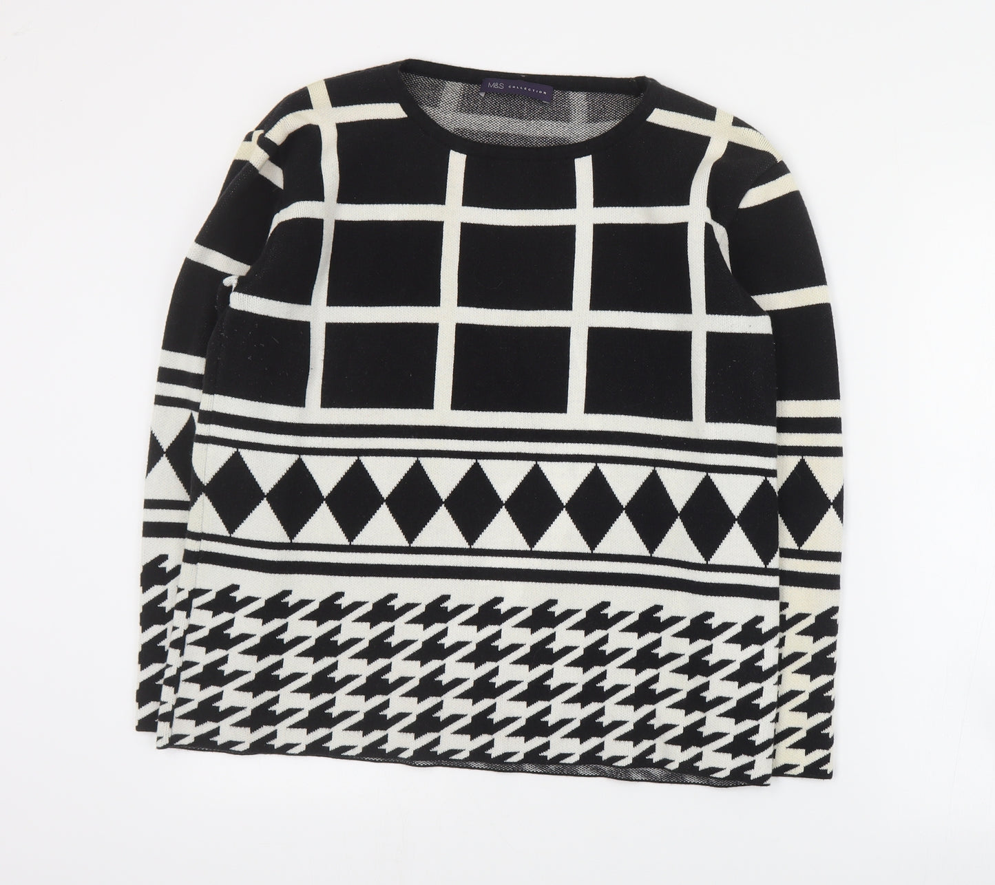 Marks and Spencer Womens Black Round Neck Geometric Cotton Pullover Jumper Size 14