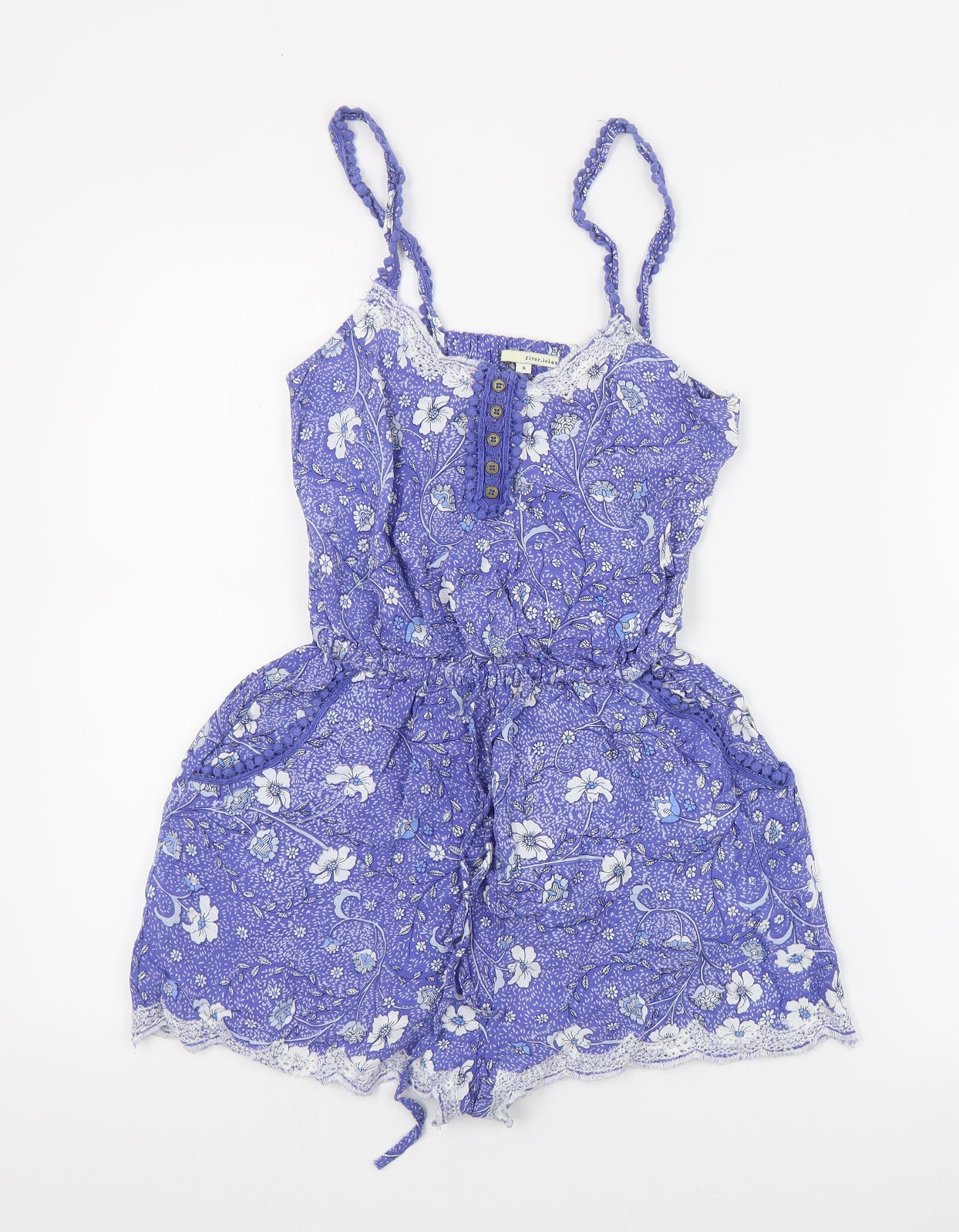 River Island Womens Blue Floral Viscose Playsuit One-Piece Size 6  Pullover