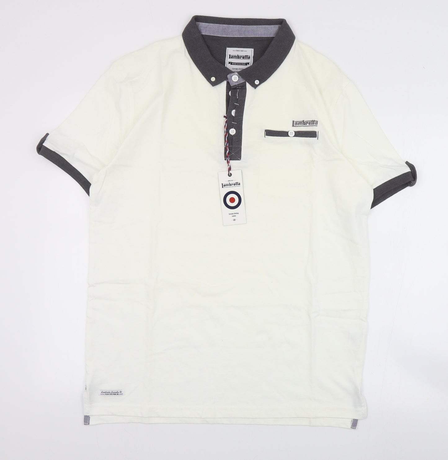 Lambretta Mens Ivory  Cotton  Polo Size XL Collared Button