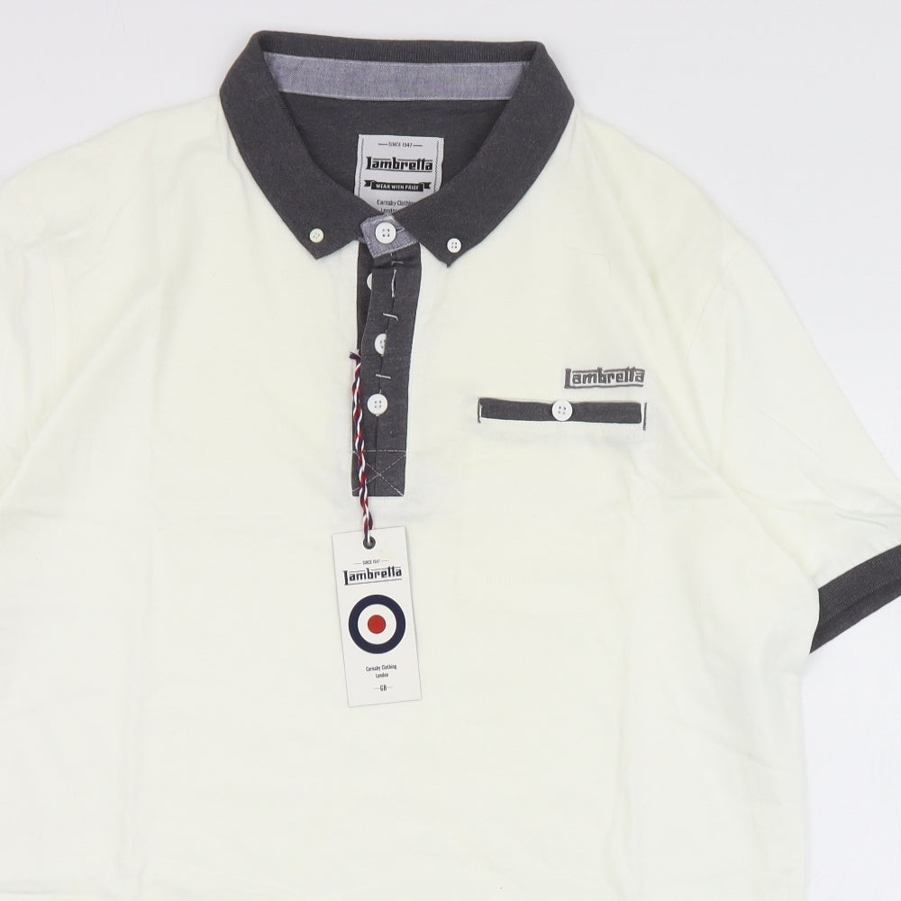 Lambretta Mens Ivory  Cotton  Polo Size XL Collared Button