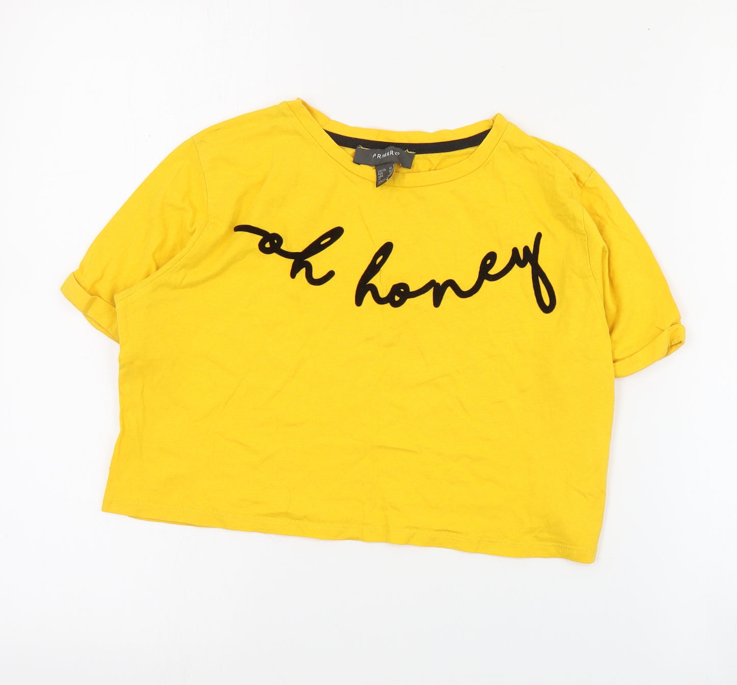 Primark Womens Yellow  Cotton Cropped T-Shirt Size 10 Crew Neck