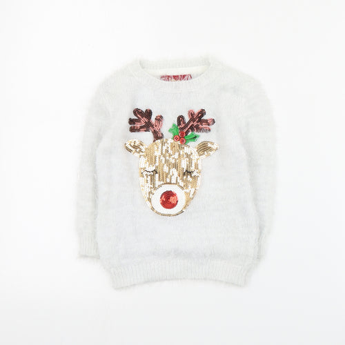 Primark Girls White Round Neck  Nylon Pullover Jumper Size 2-3 Years  Pullover - Christmas