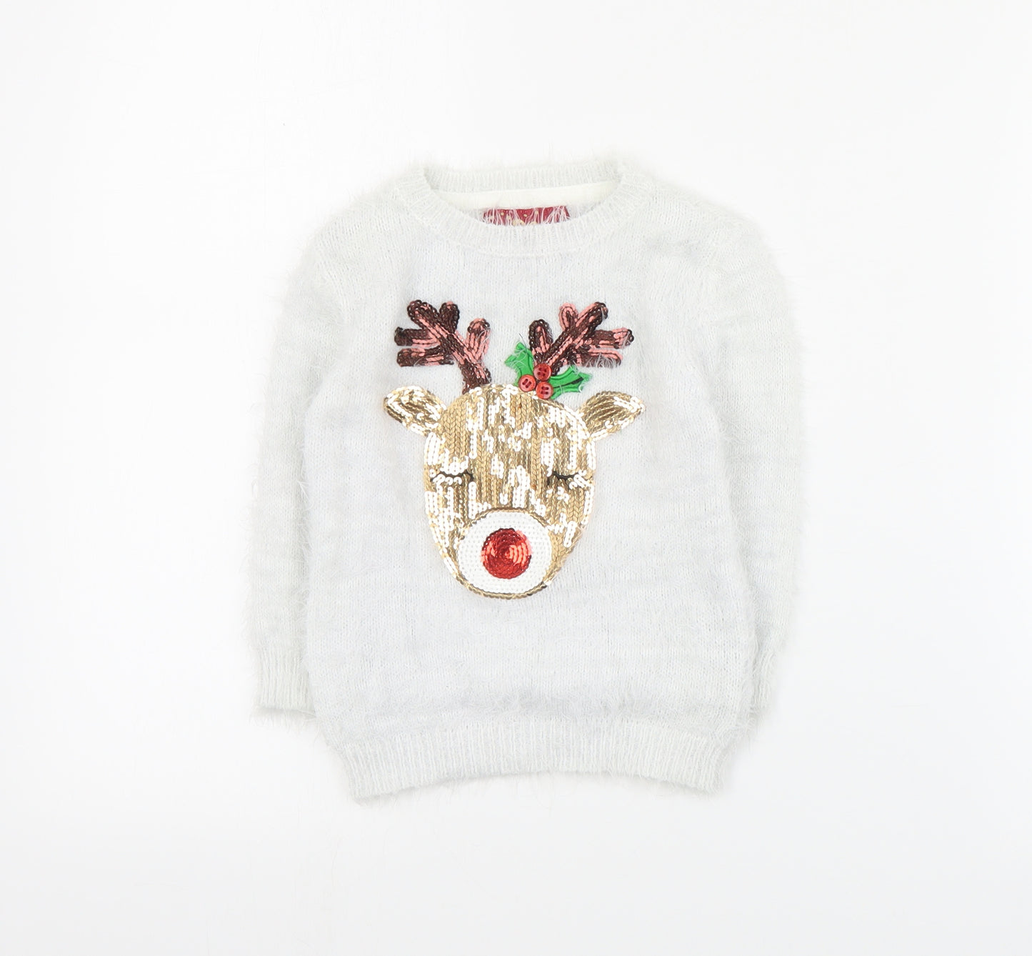 Primark Girls White Round Neck  Nylon Pullover Jumper Size 2-3 Years  Pullover - Christmas
